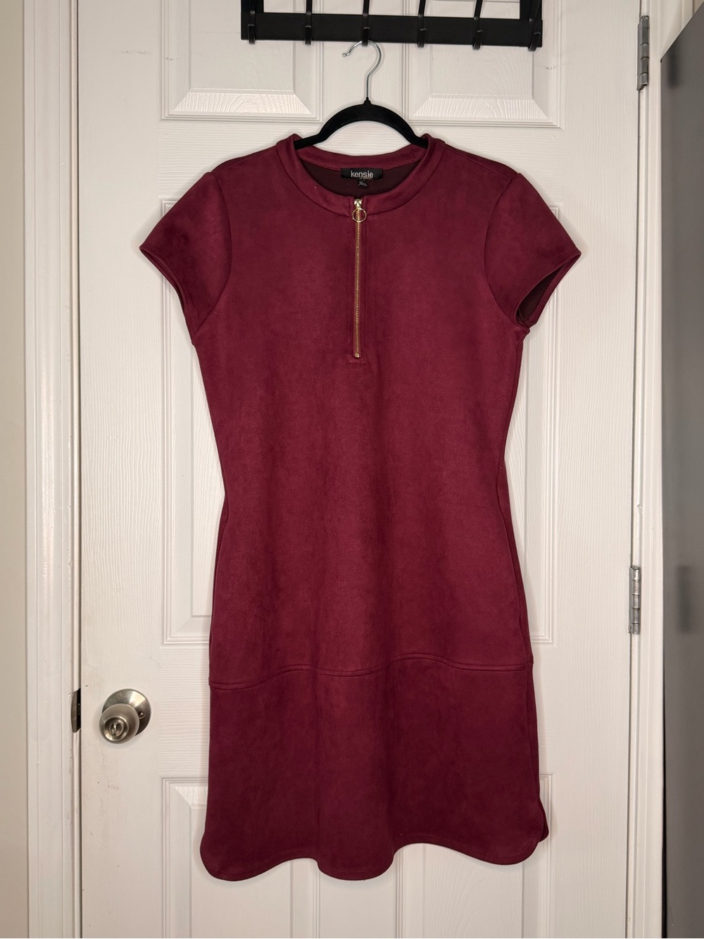 kensie Wine Short Sleeve Zip-Front Mini Dress - Picture 2 of 7